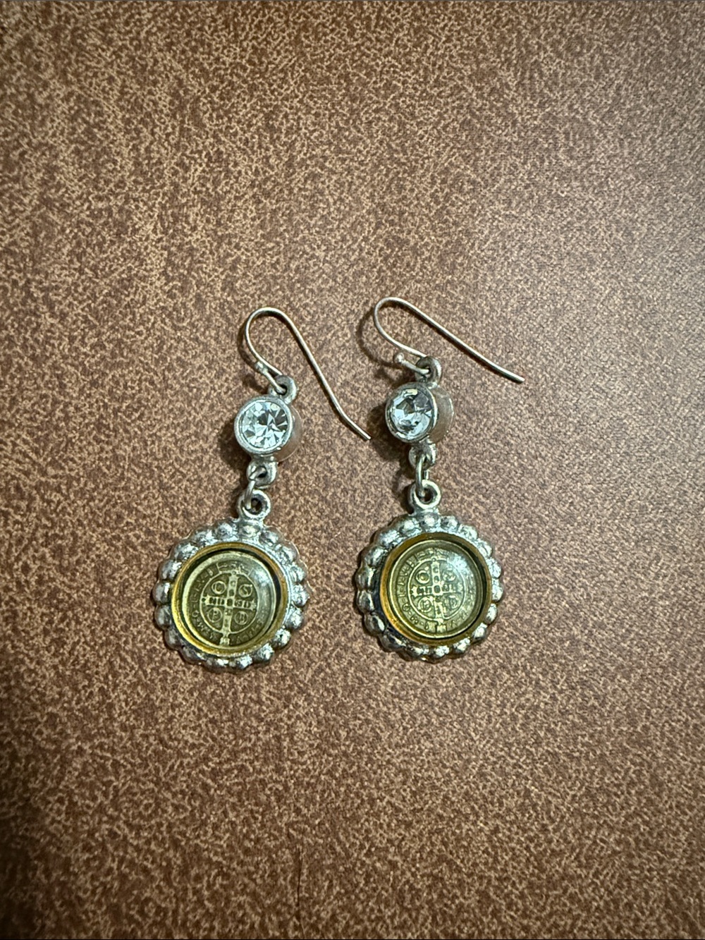 Virgins Saints & Angels Two-Tone Coin Drop Earrings with Clear Stones
